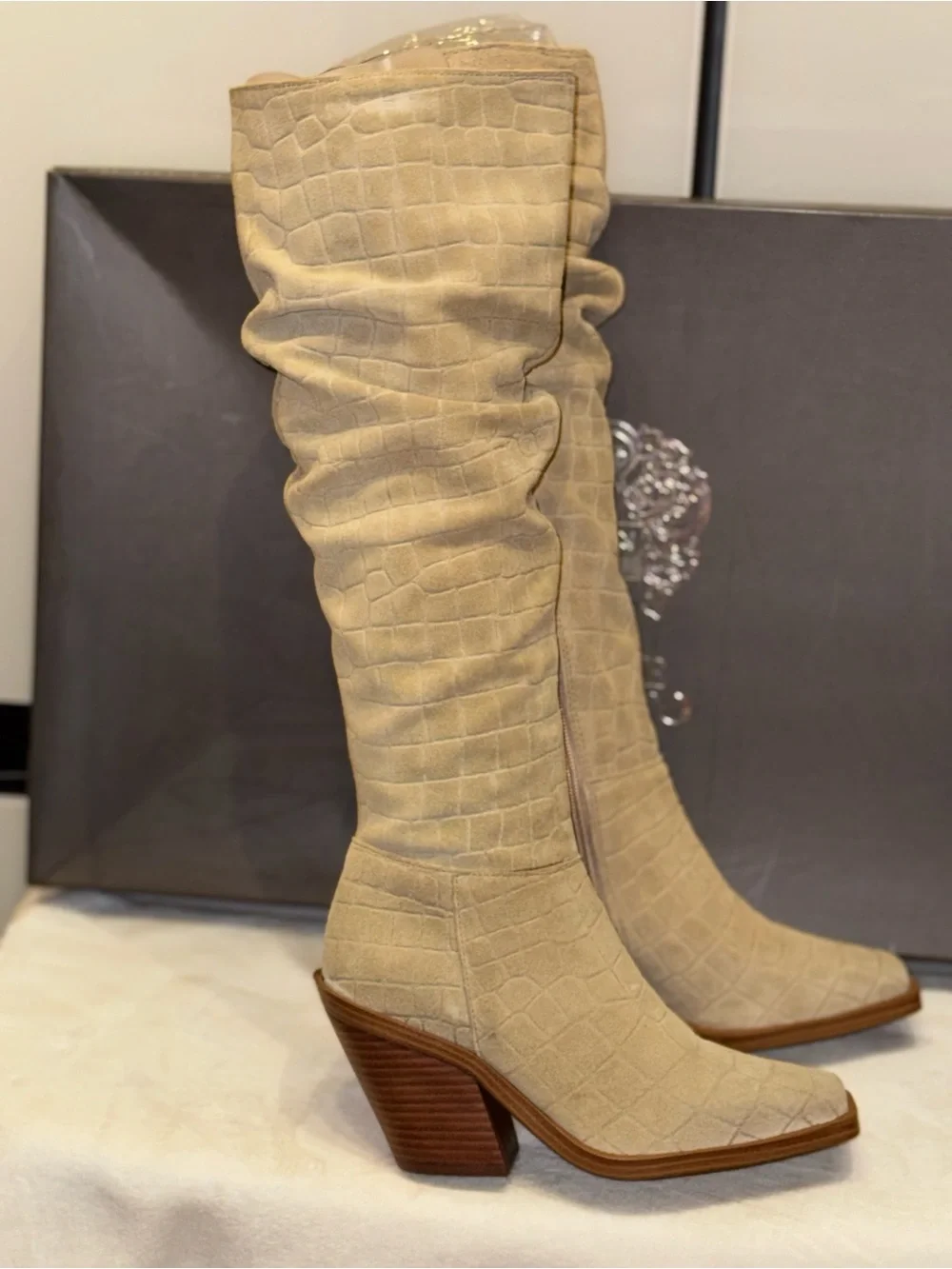 Vince Camuto Beige Croc-Embossed Over-the-Knee Boots